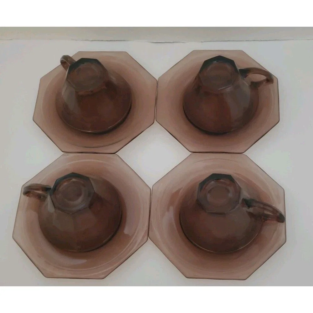 Hazel Atlas Moroccans Amethyst Cups & Saucers Purple Flared Octagon Vtg 8 Pc Set